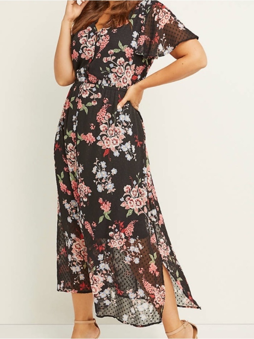 Lane Bryant Floral Sheer Button Down Midi Dress Black Pink Size 18 - Picture 2 of 8